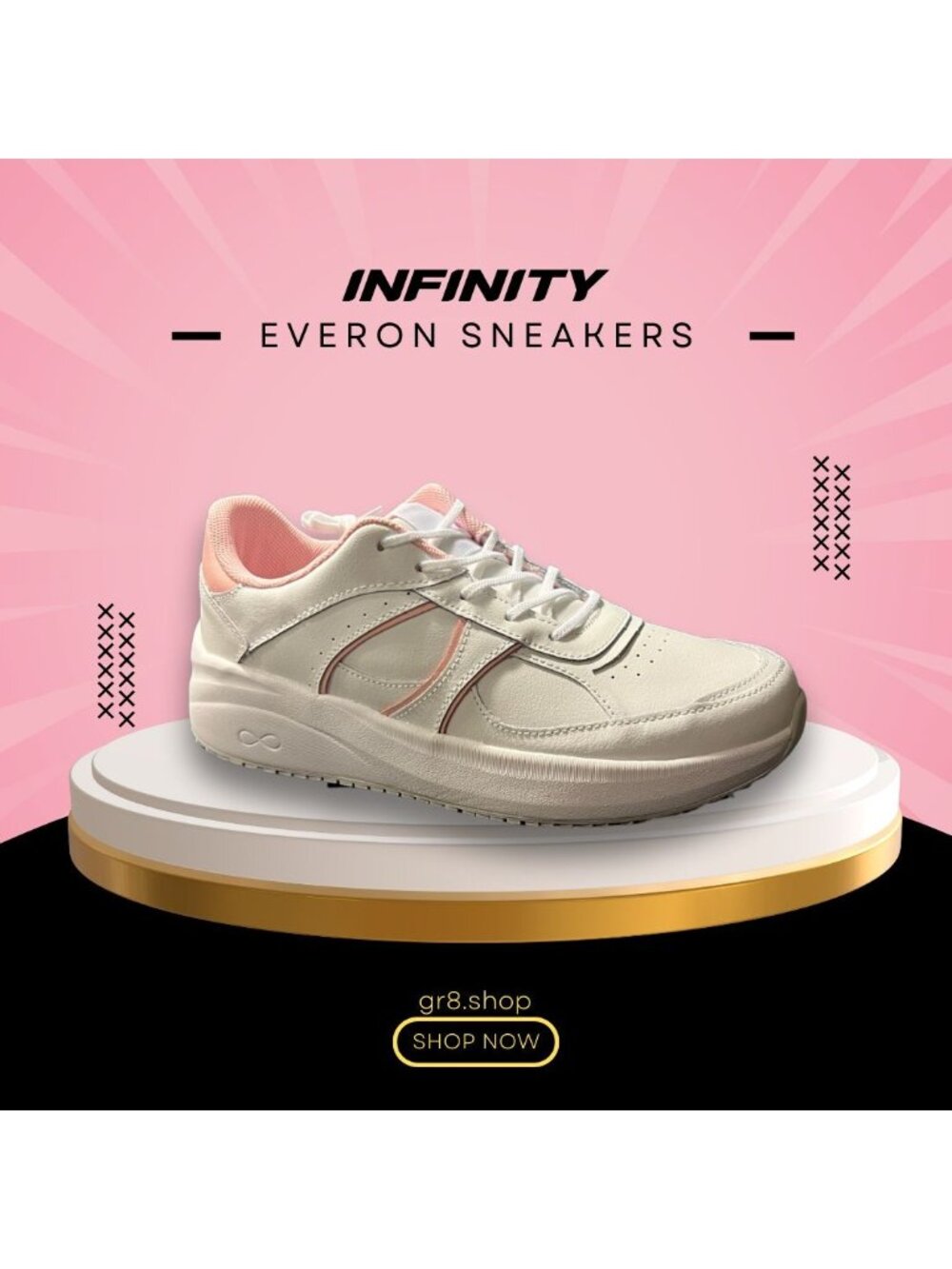 Infinity Everon Womens Sneakers Size 8 White & Powder Pink Slip-Resistant Lightw